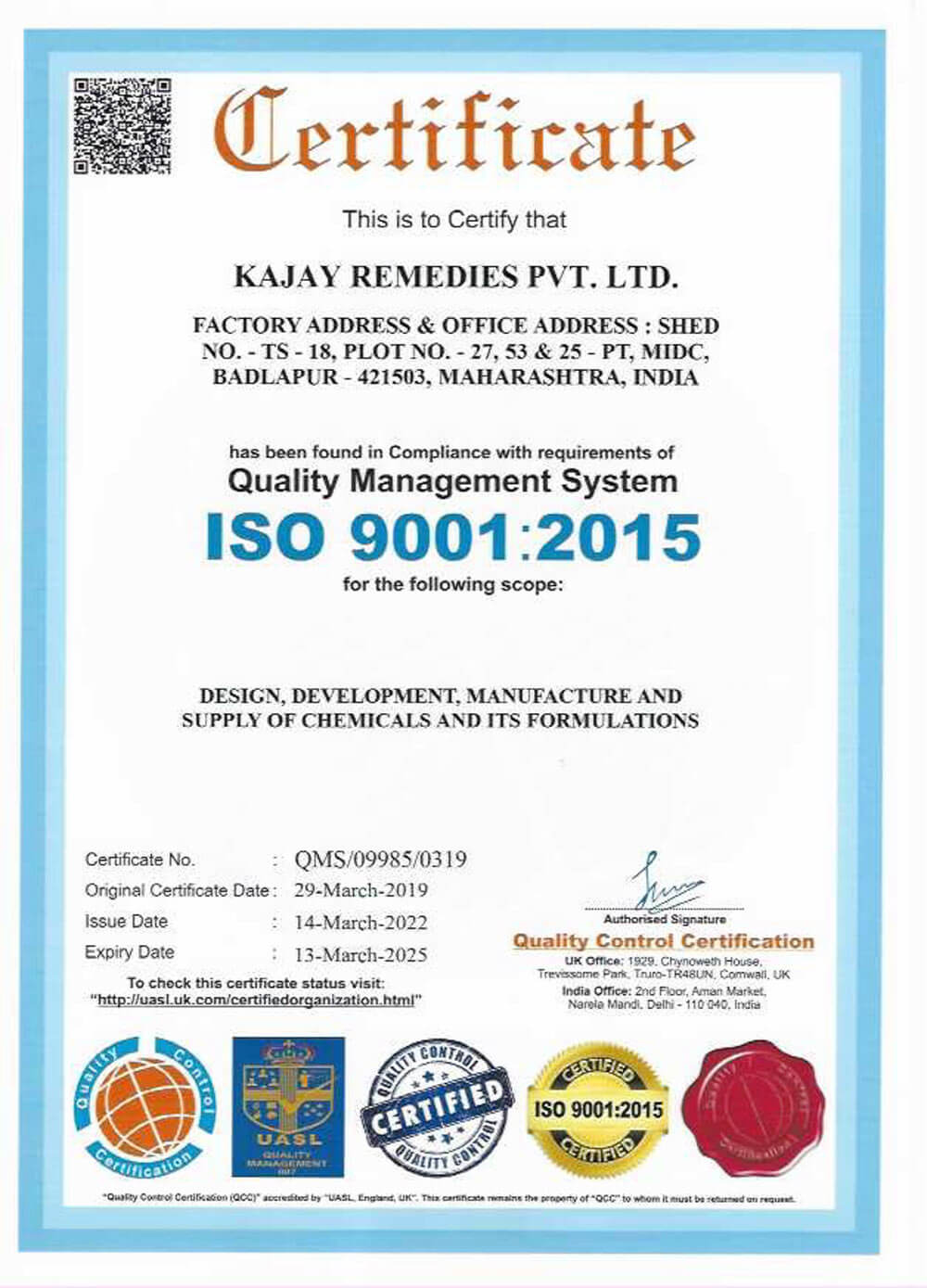 Specialty Chemicals | Certificate - Kajay Remedies